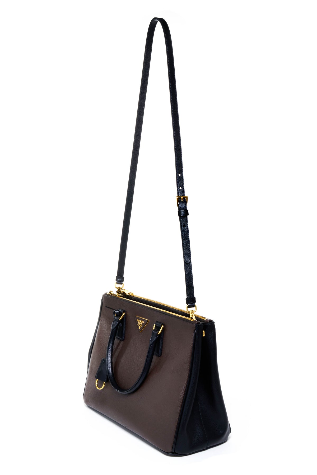 Prada Brown and Black Saffiano Galleria Double Zip Tote Purse