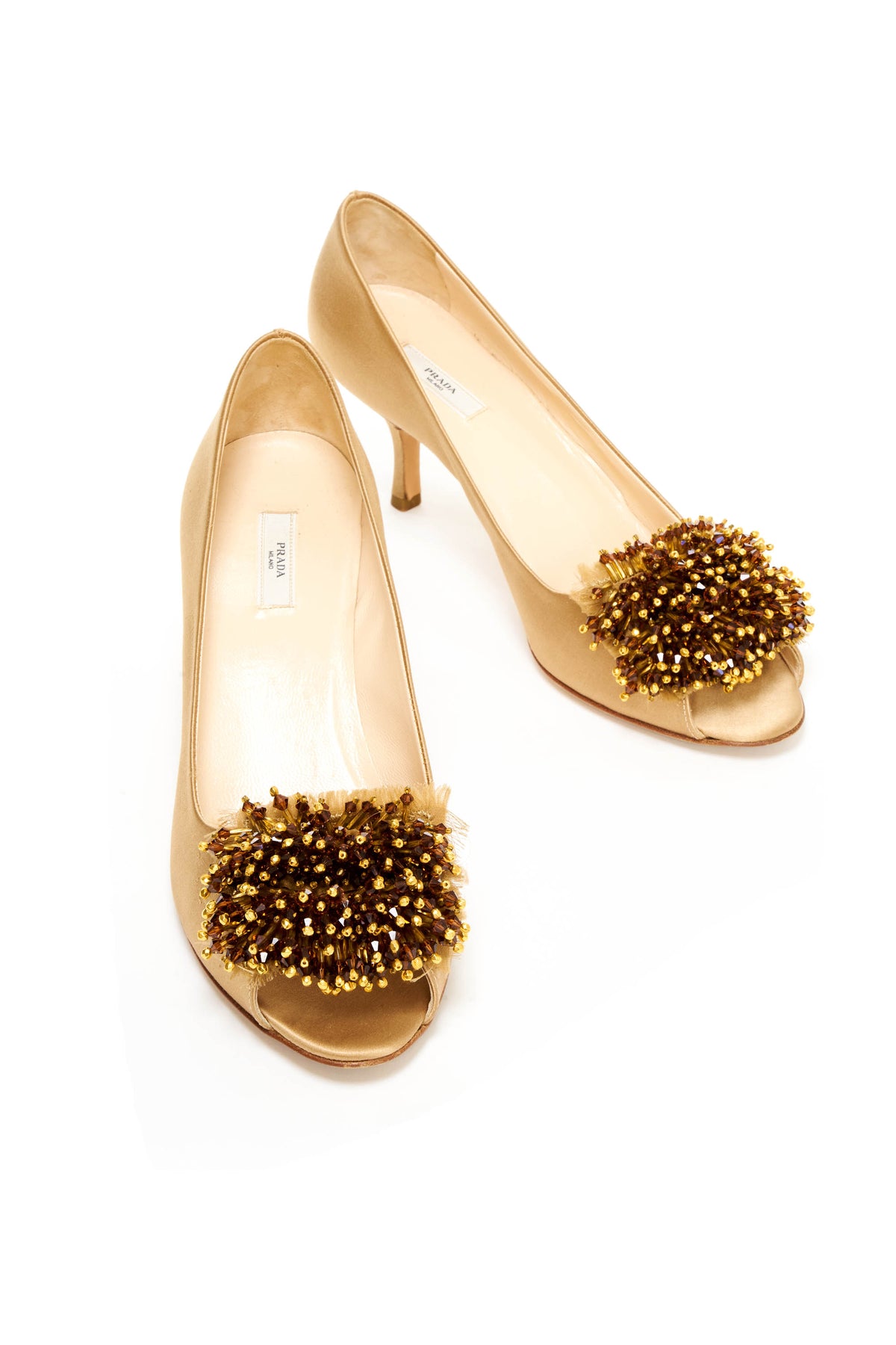 Prada Champagne Satin Gold Pom Peep Toe Heel Size 38.5