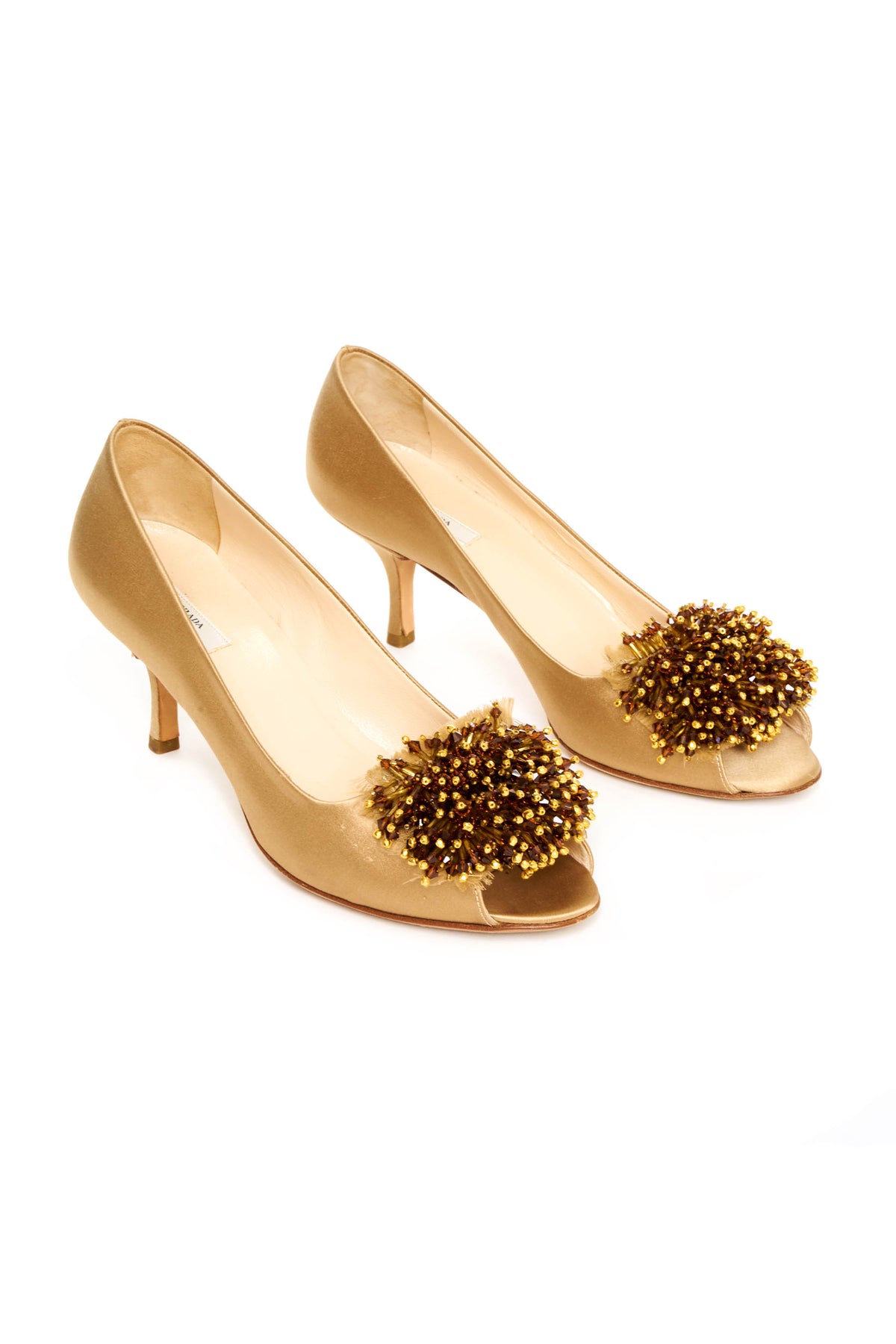 Prada Champagne Satin Gold Pom Peep Toe Heel Size 38.5