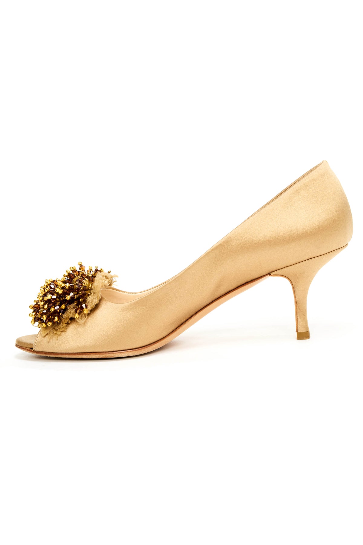 Prada Champagne Satin Gold Pom Peep Toe Heel Size 38.5