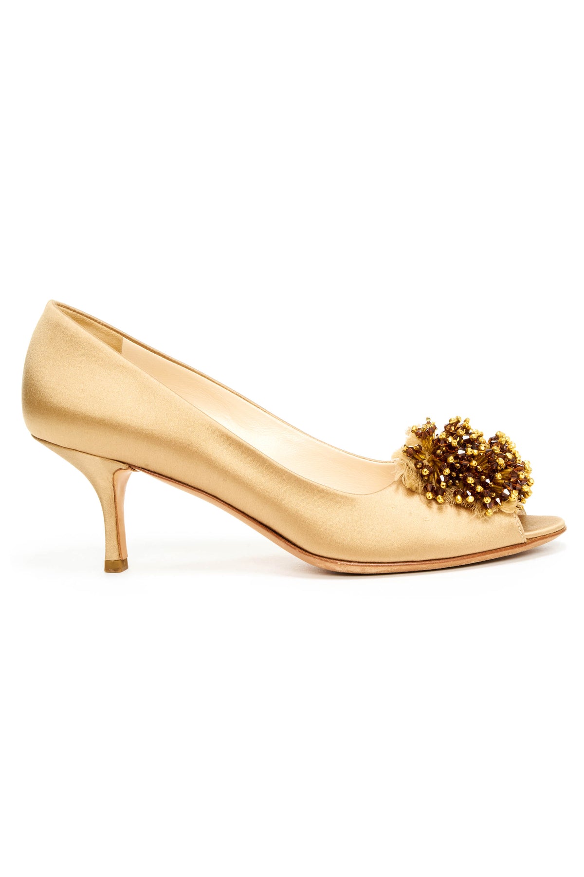 Prada Champagne Satin Gold Pom Peep Toe Heel Size 38.5