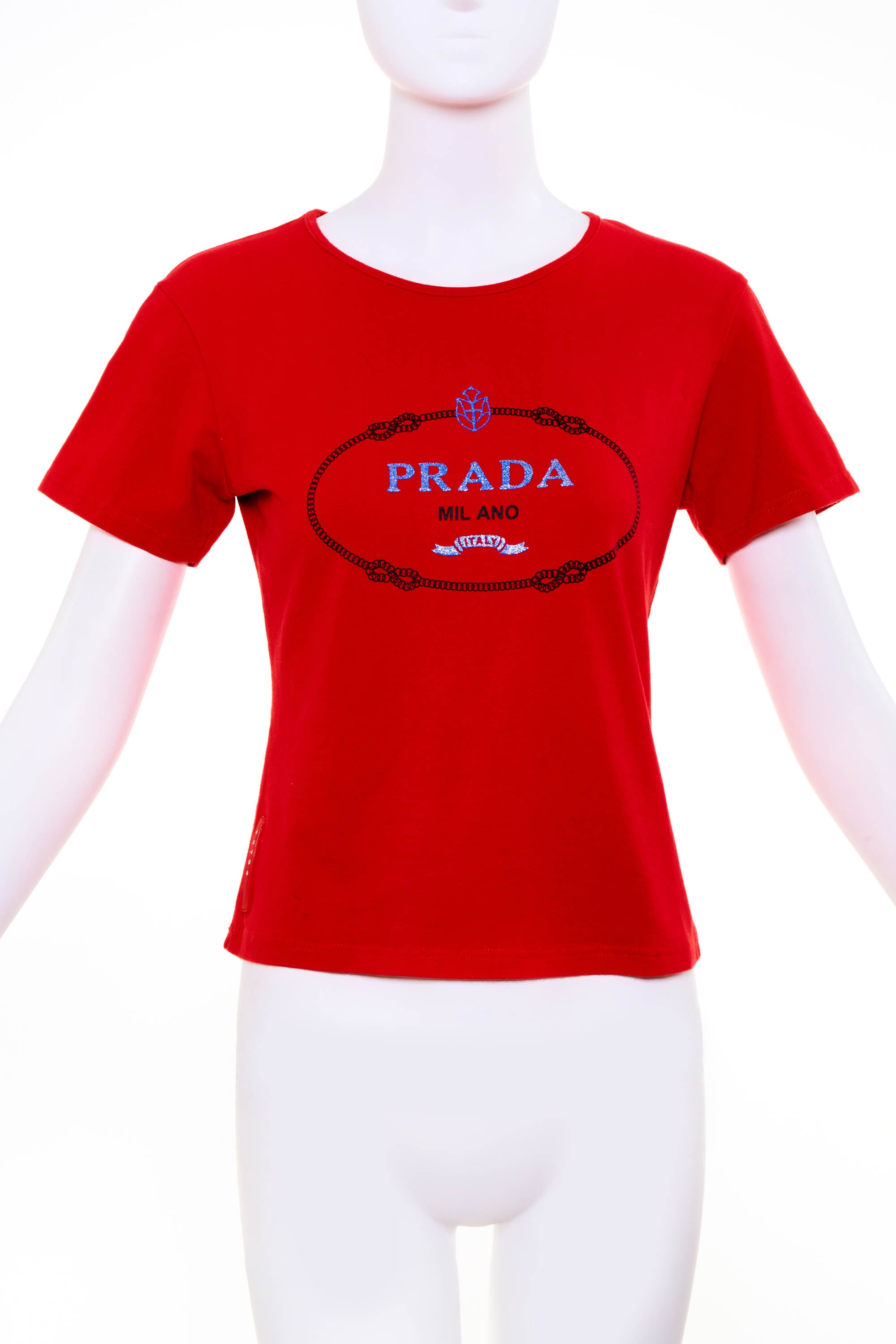 Prada Red Vintage Logo Tee Shirt Size S/M - Foxy Couture Carmel