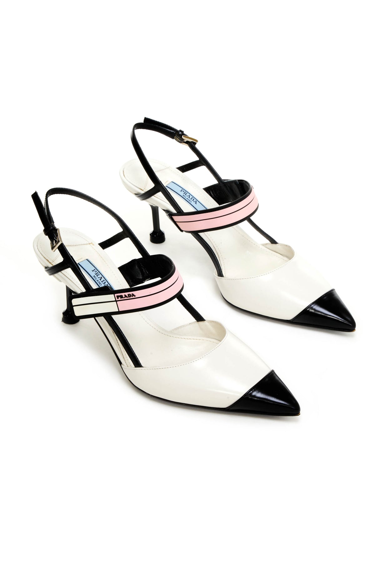 Prada Black and White Pink Strap Slingback Vamp Heels Size 37