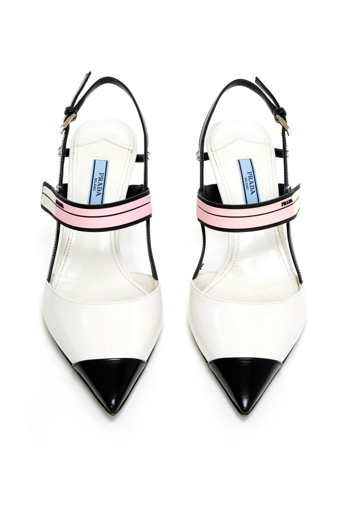 Prada Black and White Pink Strap Slingback Vamp Heels Size 37