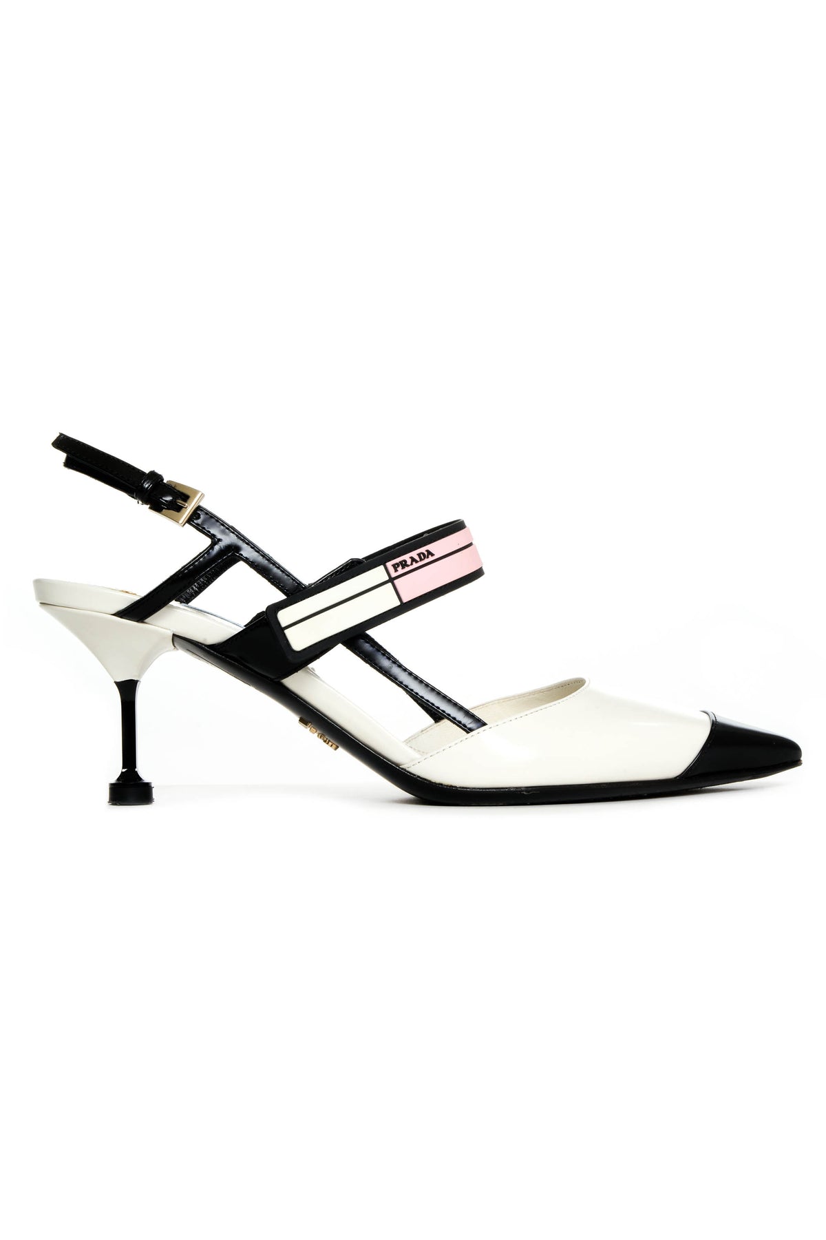 Prada Black and White Pink Strap Slingback Vamp Heels Size 37