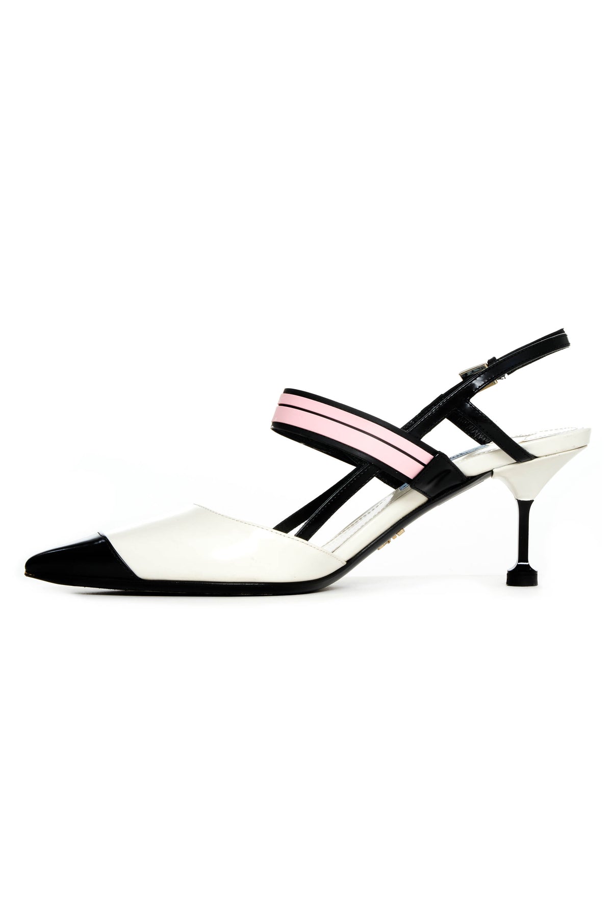 Prada Black and White Pink Strap Slingback Vamp Heels Size 37