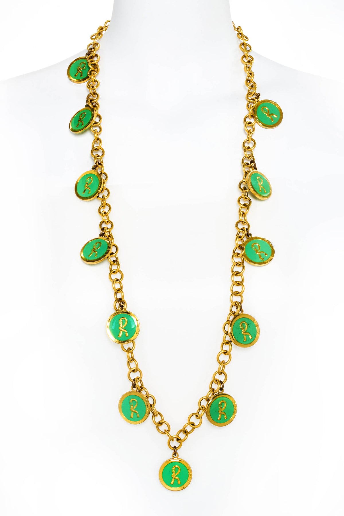 Roberta Di Camerino Gold and Green R Coin Necklace/Belt