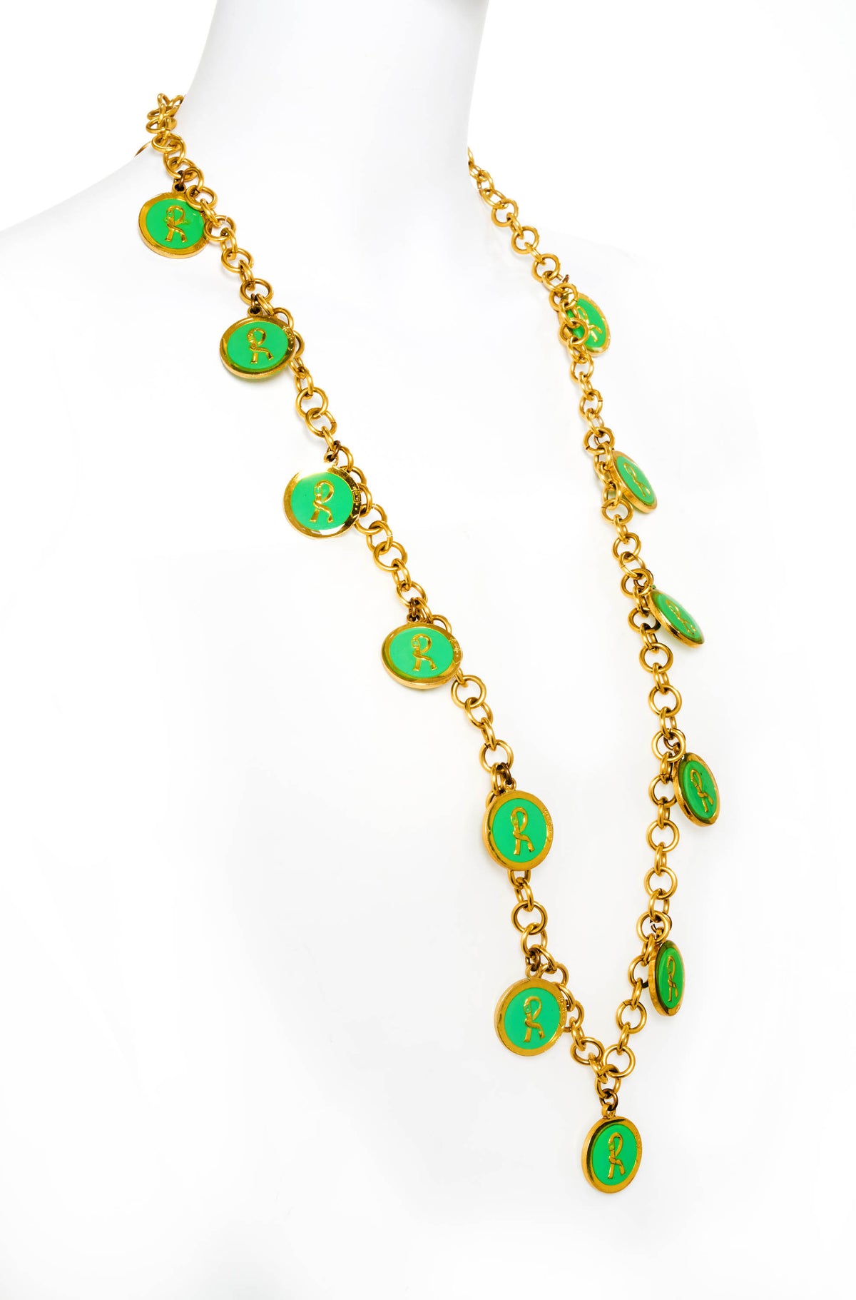 Roberta Di Camerino Gold and Green R Coin Necklace/Belt