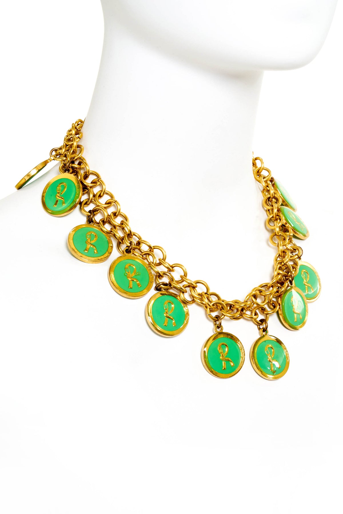 Roberta Di Camerino Gold and Green R Coin Necklace/Belt