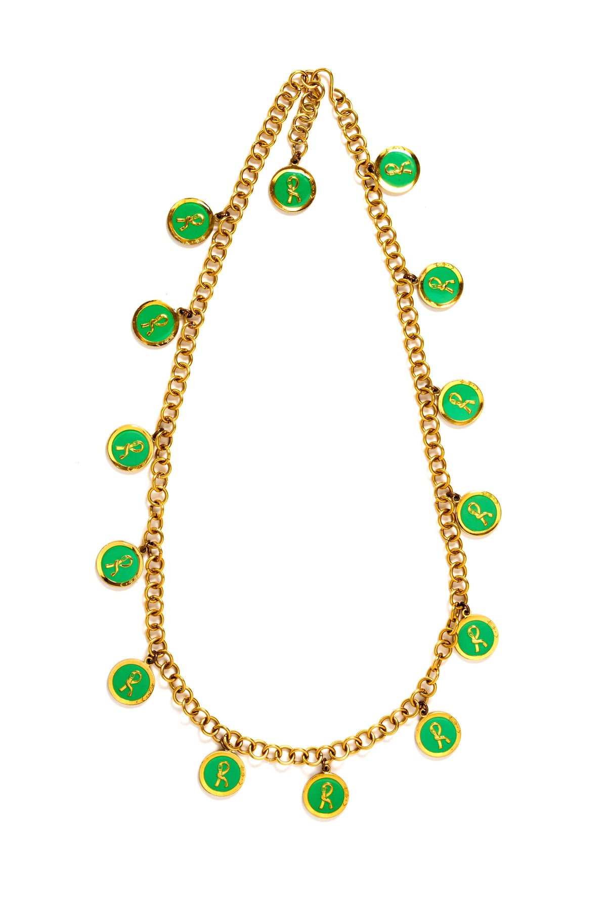 Roberta Di Camerino Gold and Green R Coin Necklace/Belt