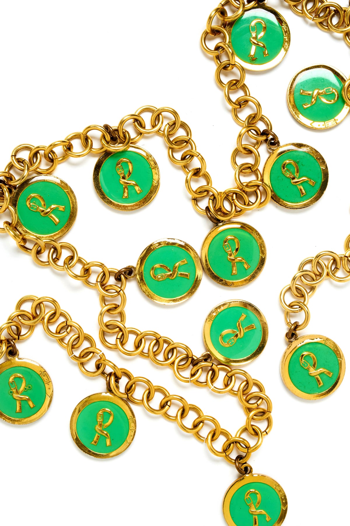 Roberta Di Camerino Gold and Green R Coin Necklace/Belt