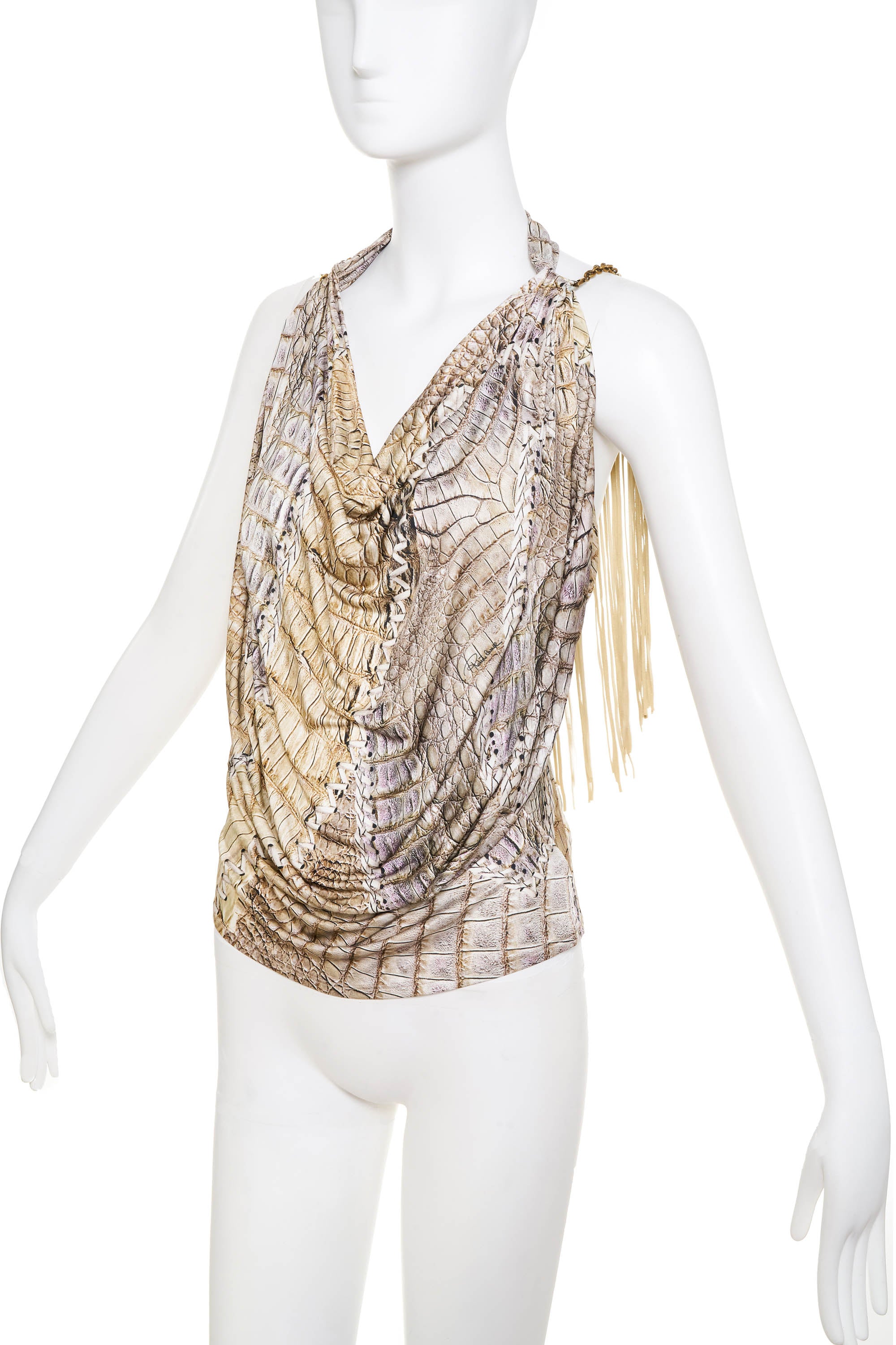 Roberto Cavalli Modified Snake Print Fringe Back Top Size 40