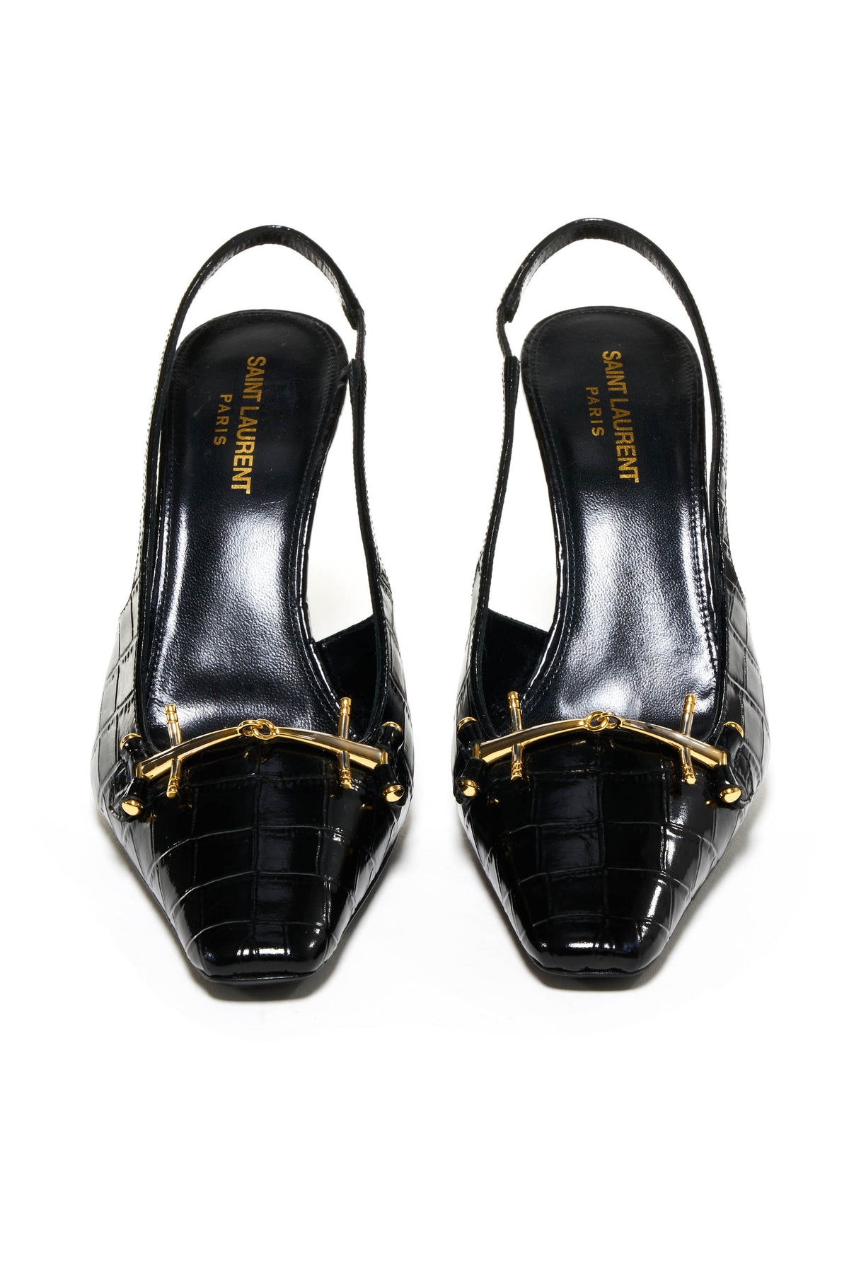 Saint Laurent Croco Embossed Sling Back Gold Buckle Vamp Shoes