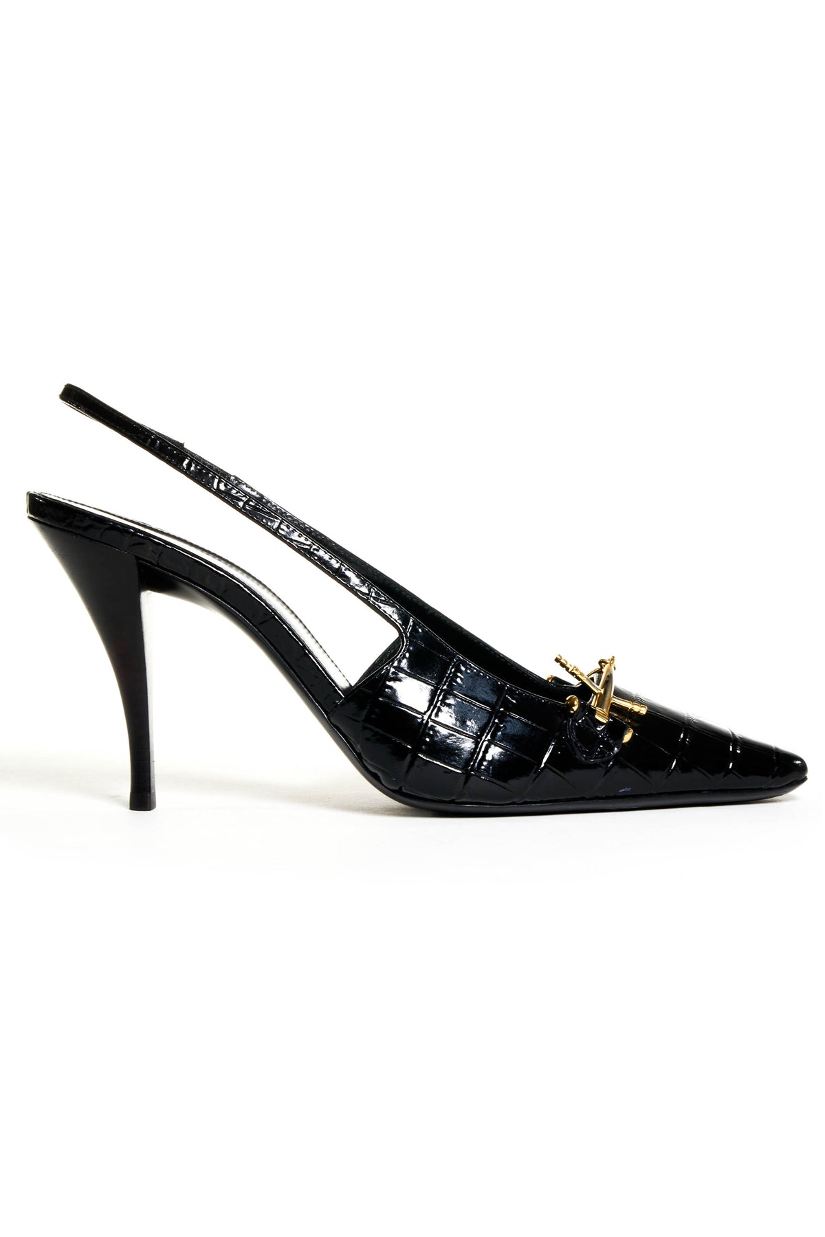 Saint Laurent Croco Embossed Sling Back Gold Buckle Vamp Shoes