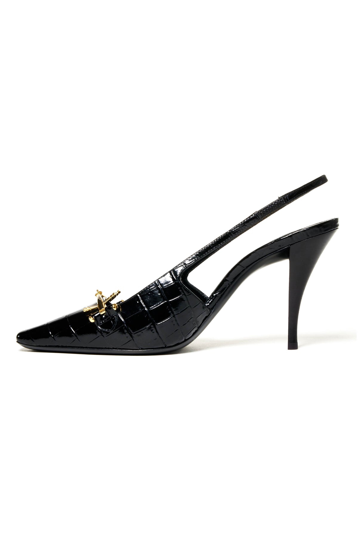 Saint Laurent Croco Embossed Sling Back Gold Buckle Vamp Shoes