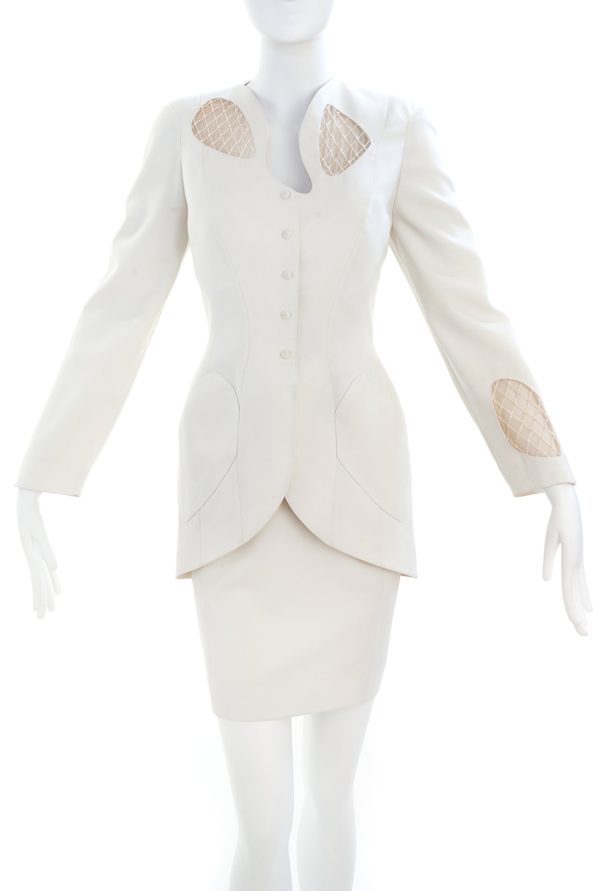 Theiry Mugler White Suit Set with Lattice Cutout Size 38