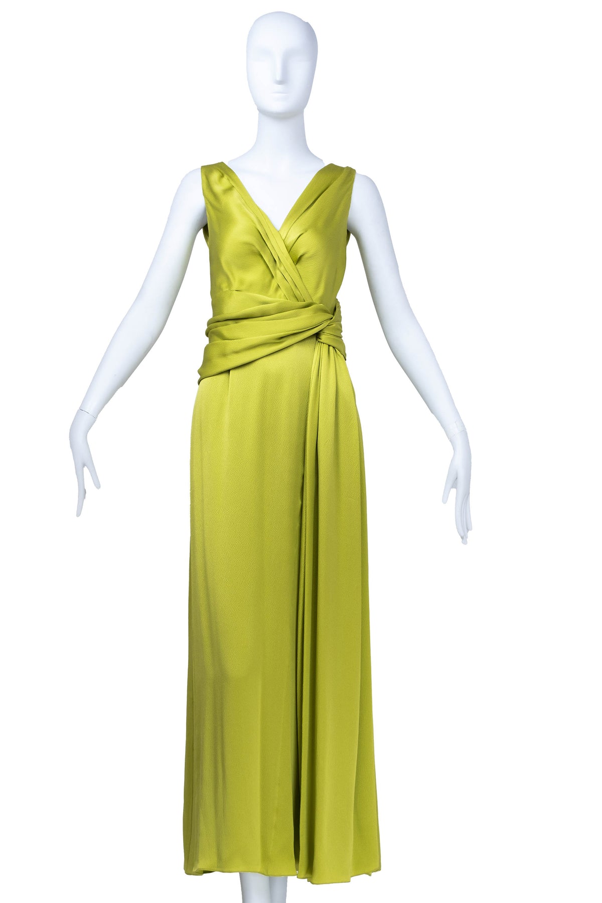 Christian Dior Galliano Chartreuse Hammered Silk Draped Gown f/w 2007 Size 6
