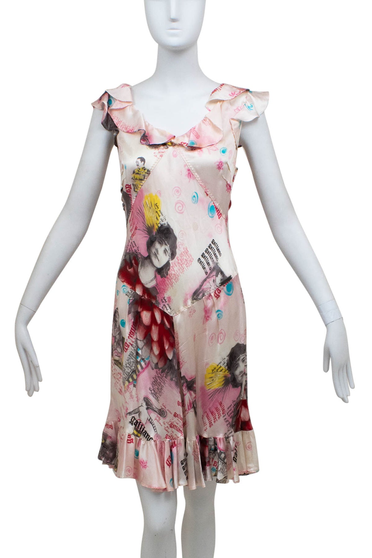 John Galliano Blush Graphic Montage Ruffle Neck Dress 2007 Size 8