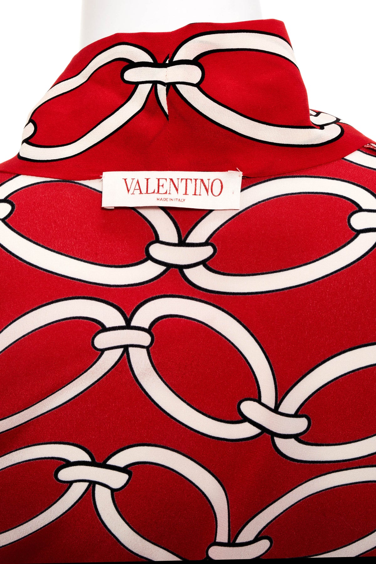 Valentino Red Silk Chain Print Tie Neck Shirt Size 48/12