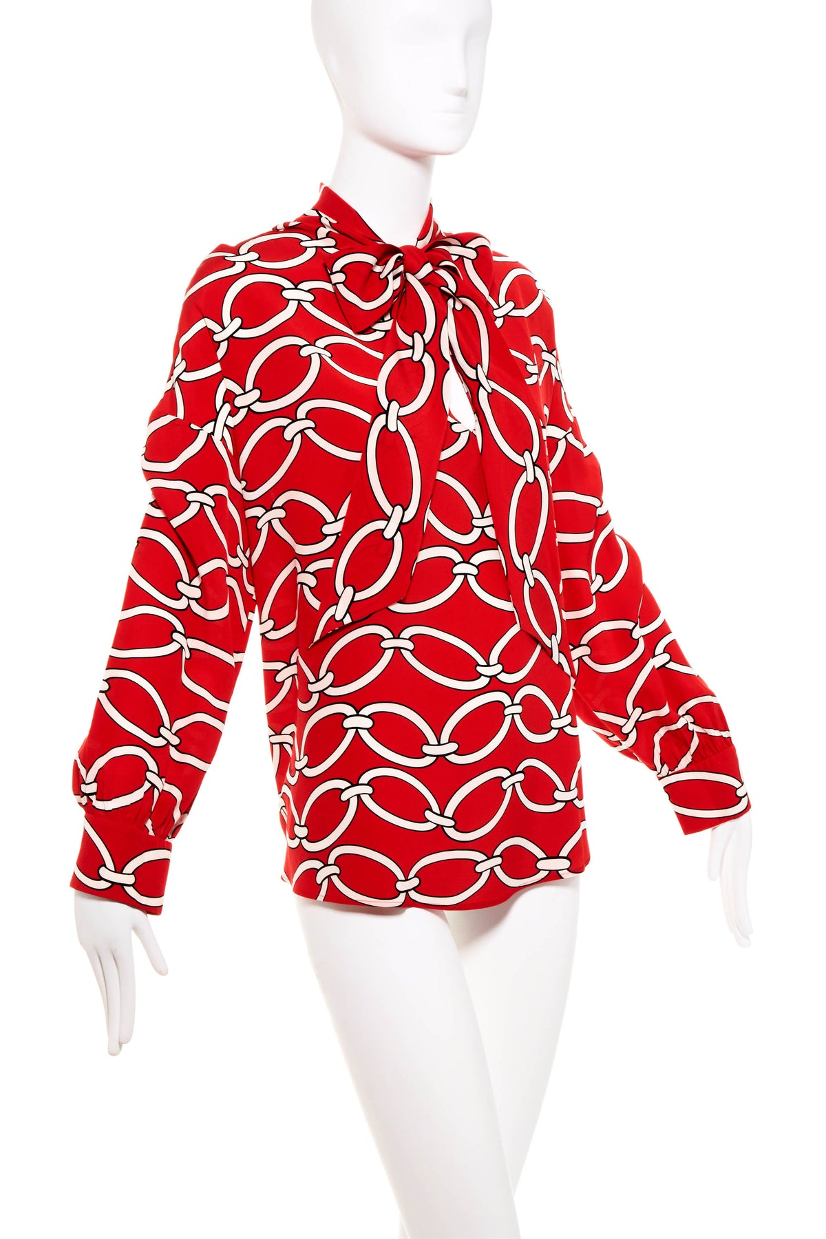 Valentino Red Silk Chain Print Tie Neck Shirt Size 48/12
