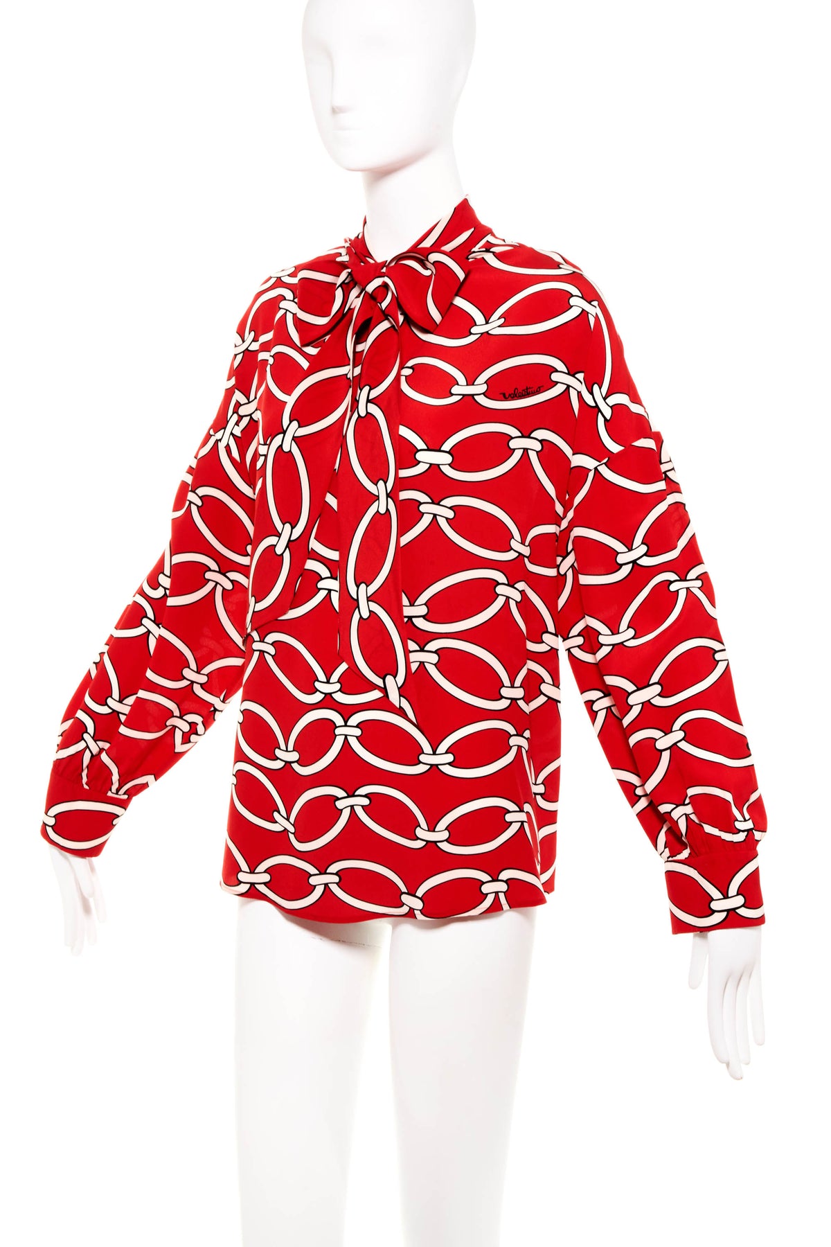 Valentino Red Silk Chain Print Tie Neck Shirt Size 48/12