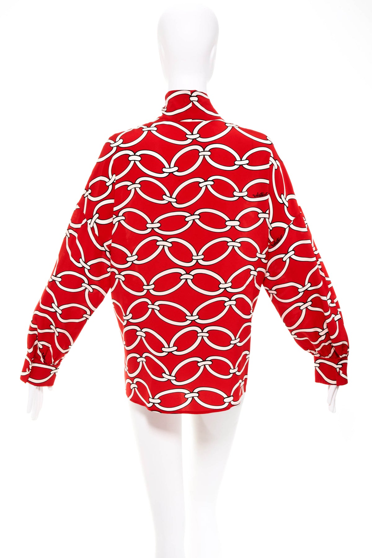 Valentino Red Silk Chain Print Tie Neck Shirt Size 48/12