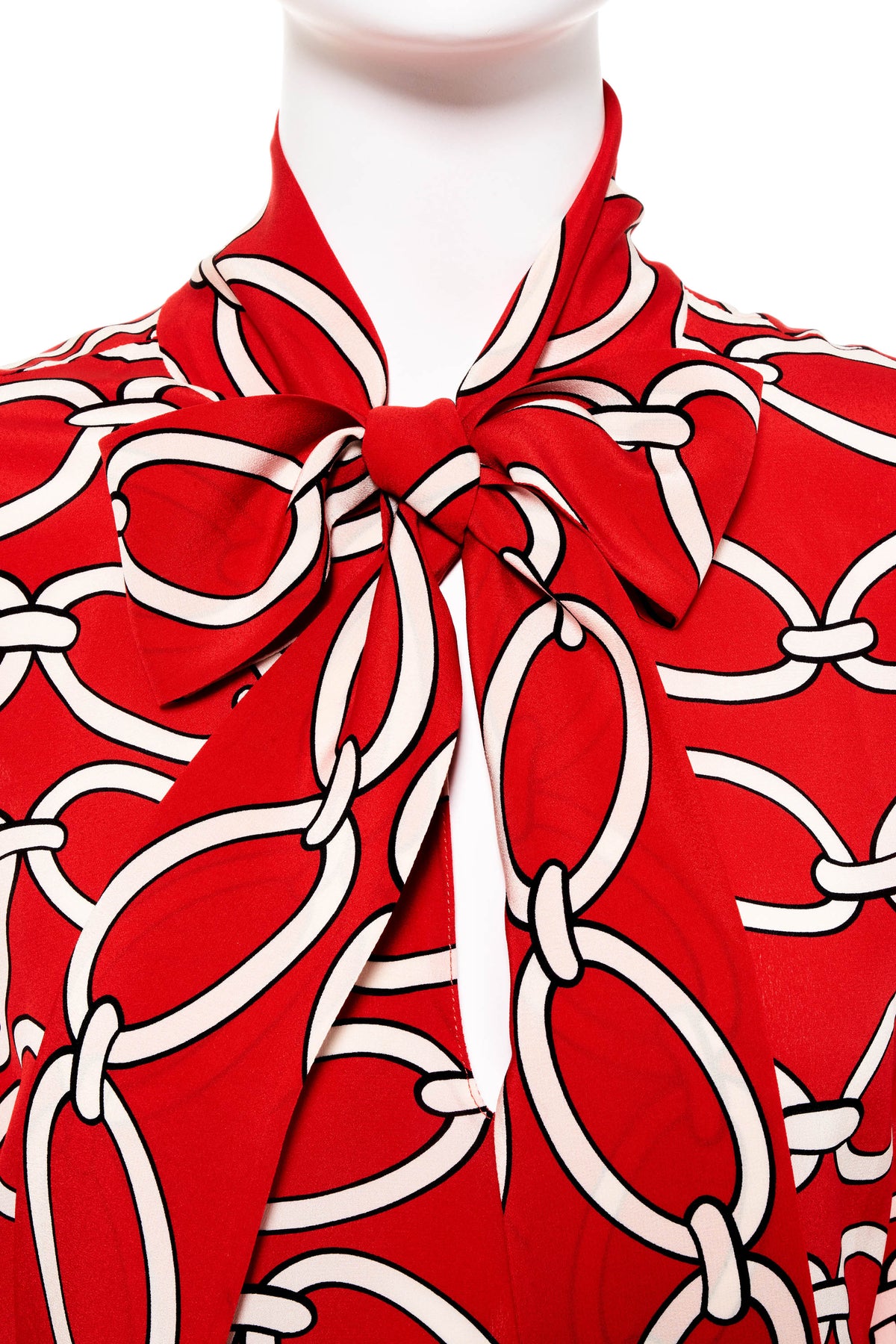 Valentino Red Silk Chain Print Tie Neck Shirt Size 48/12
