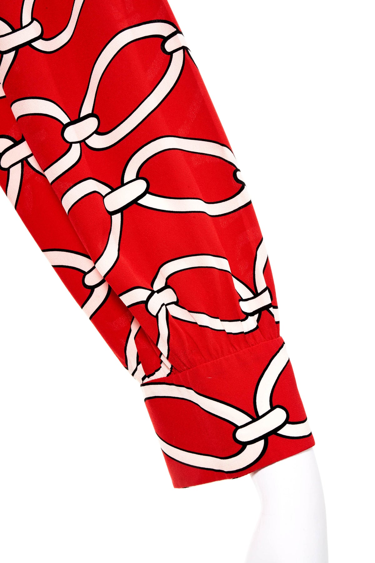 Valentino Red Silk Chain Print Tie Neck Shirt Size 48/12