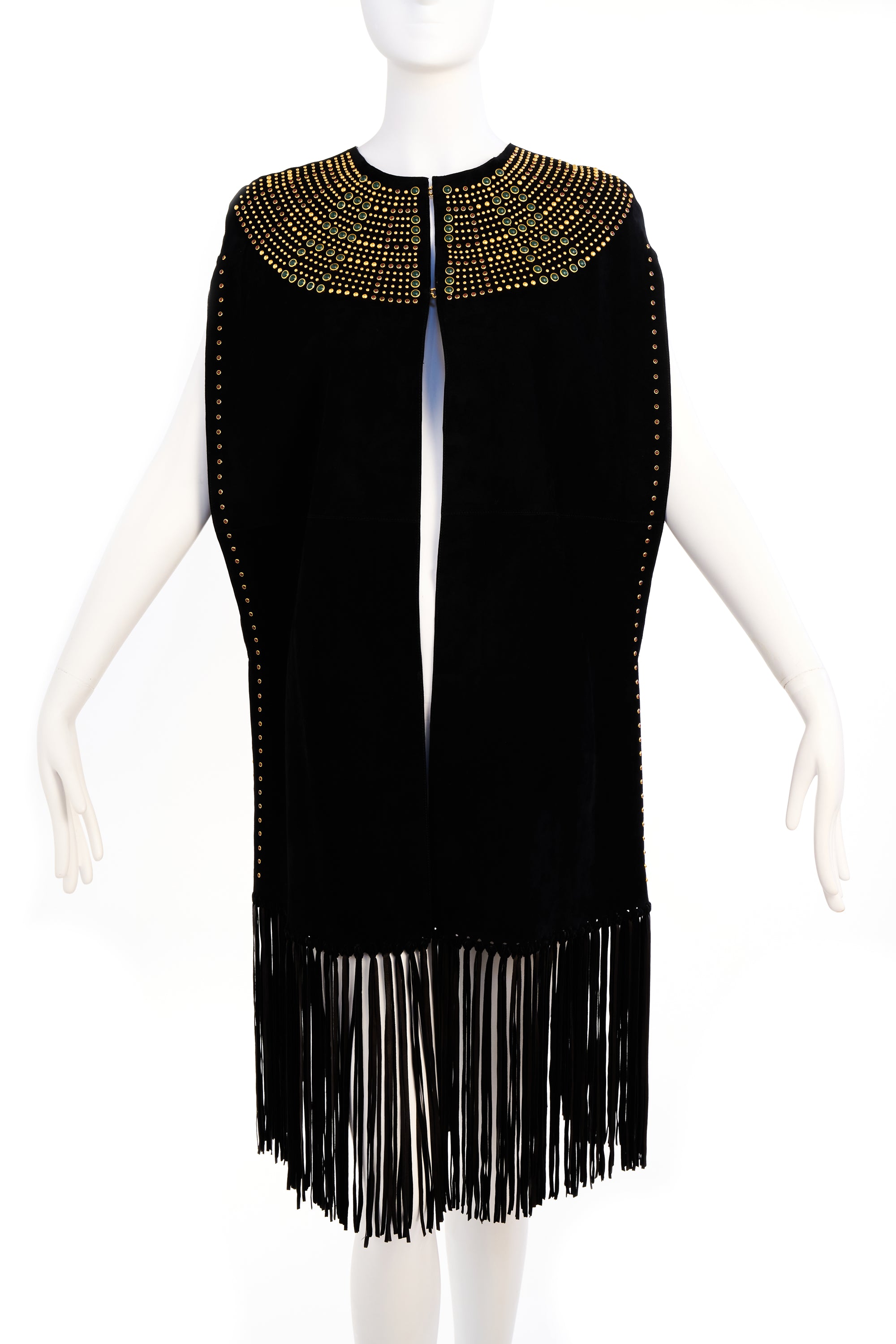 Valentino Spa Black Studded Cape With Fringe Trim