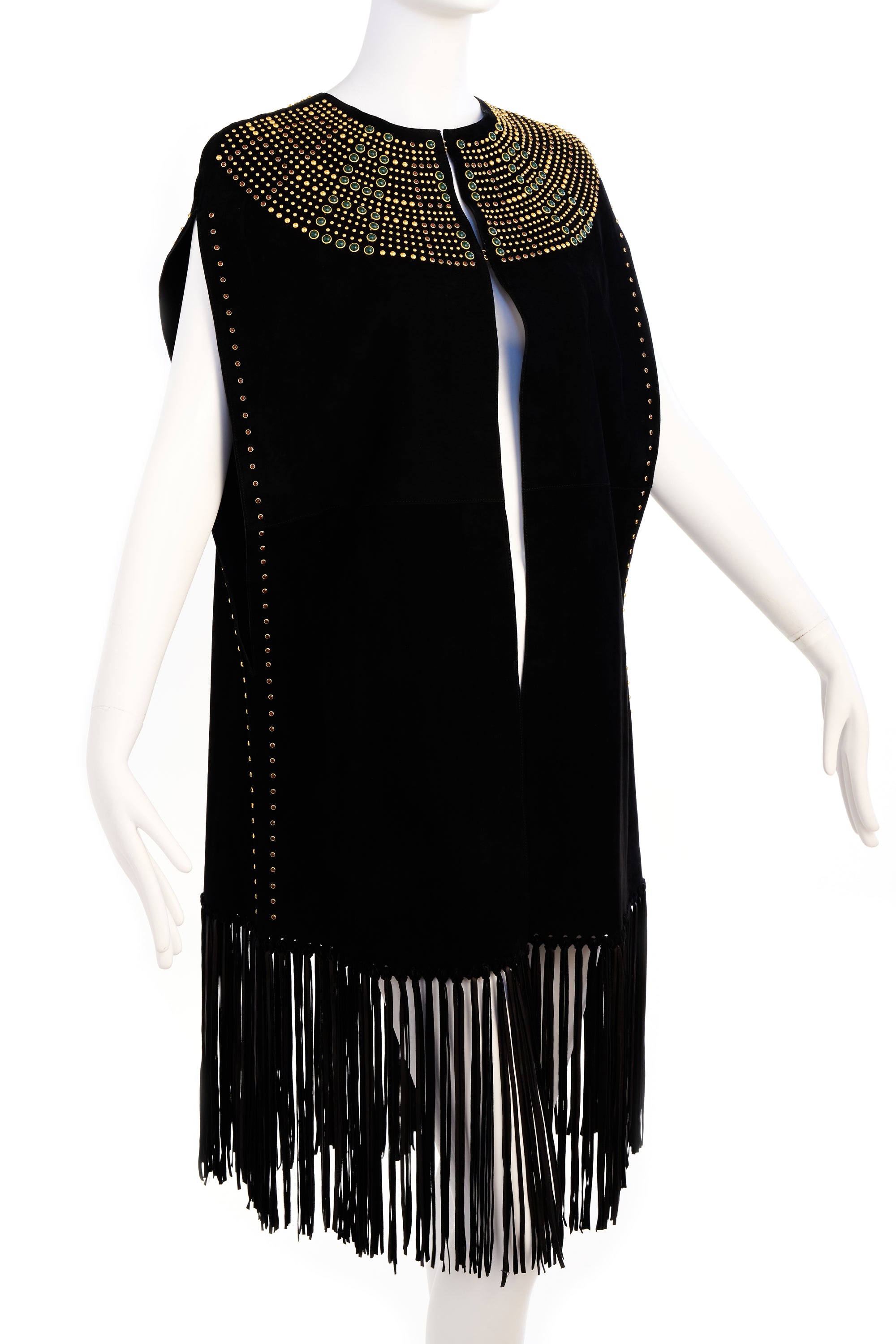 Valentino Spa Black Studded Cape With Fringe Trim