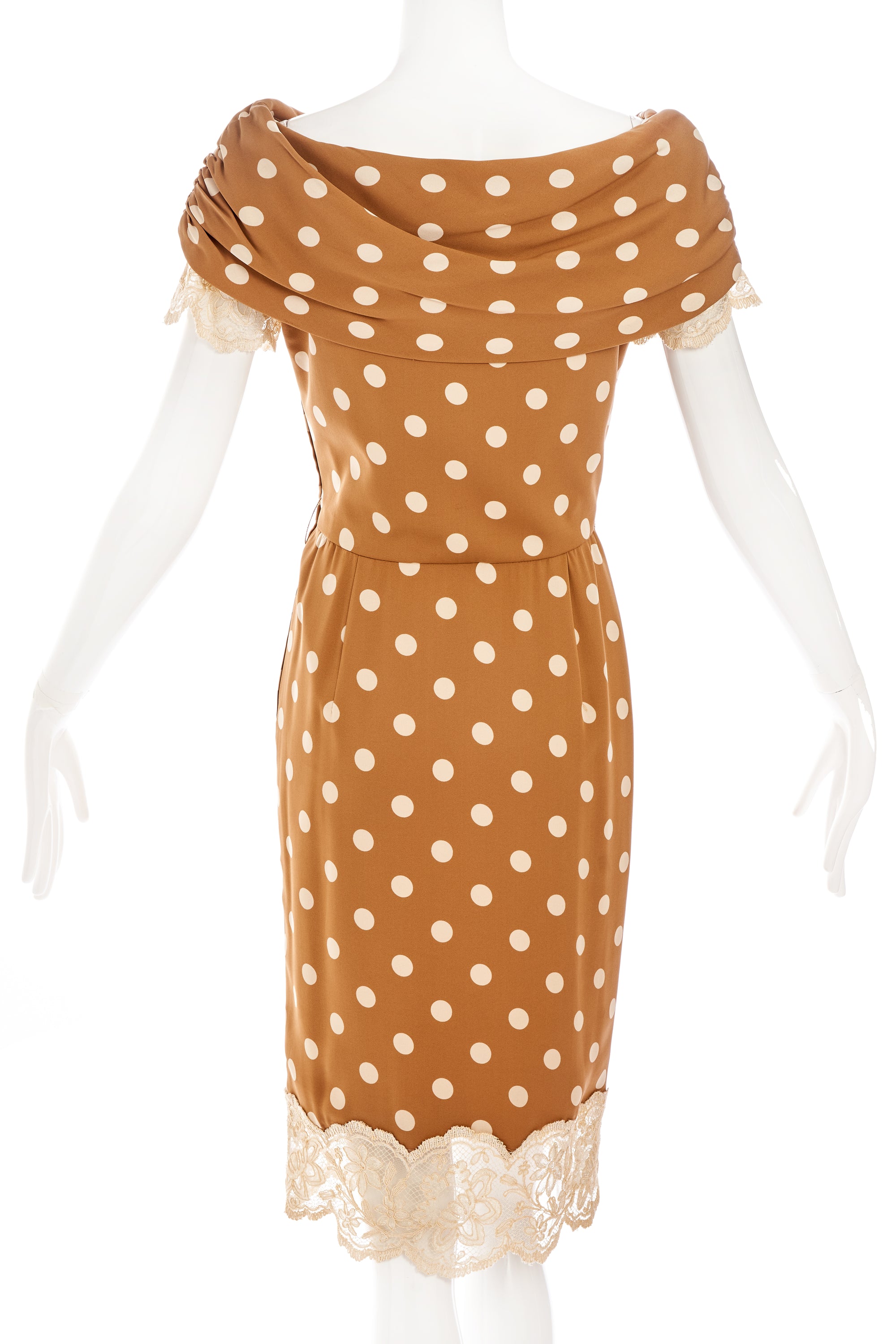 Valentino Brown and Cream Polka Dot Lace trim Dress