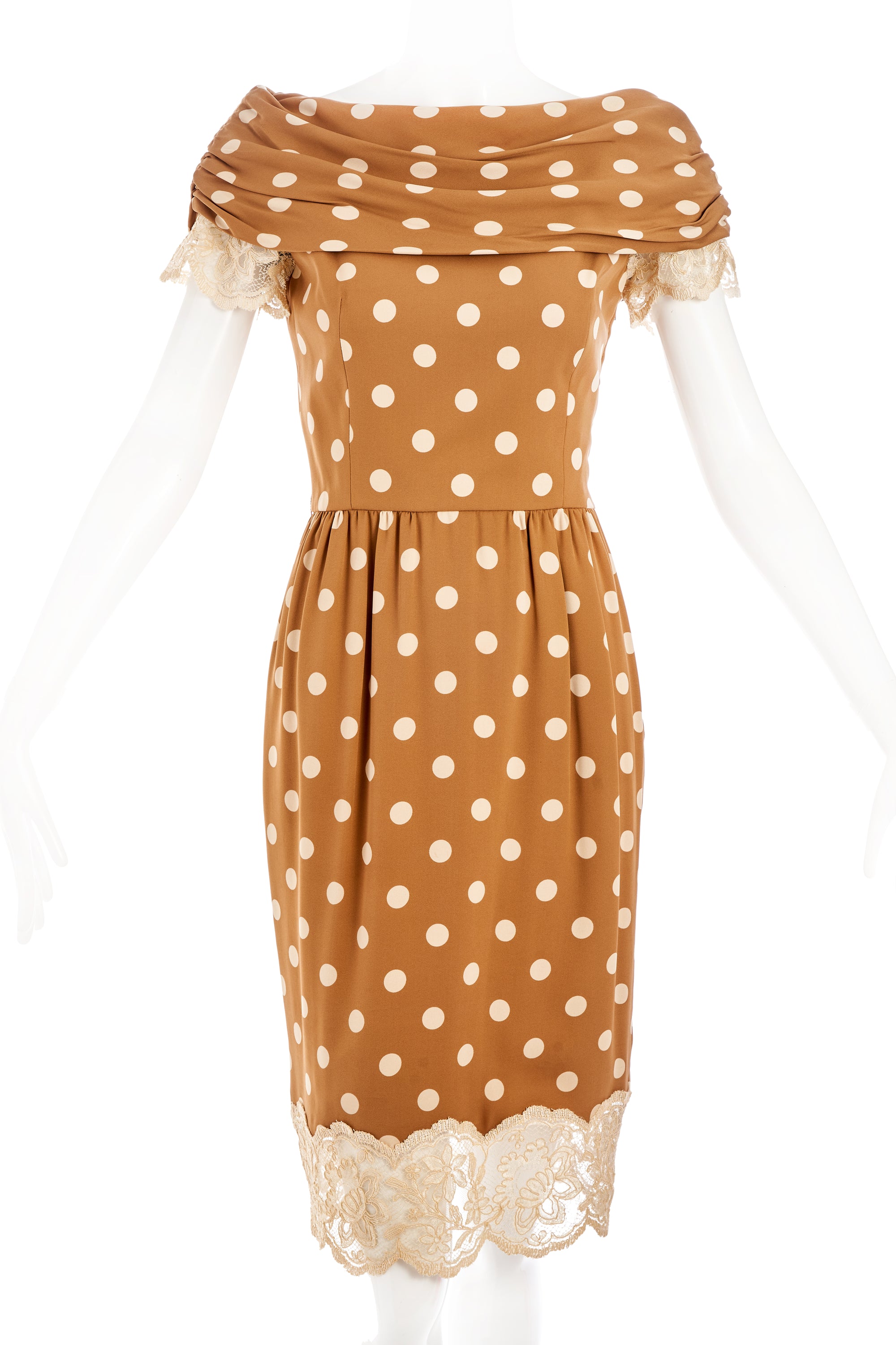Valentino Brown and Cream Polka Dot Lace trim Dress