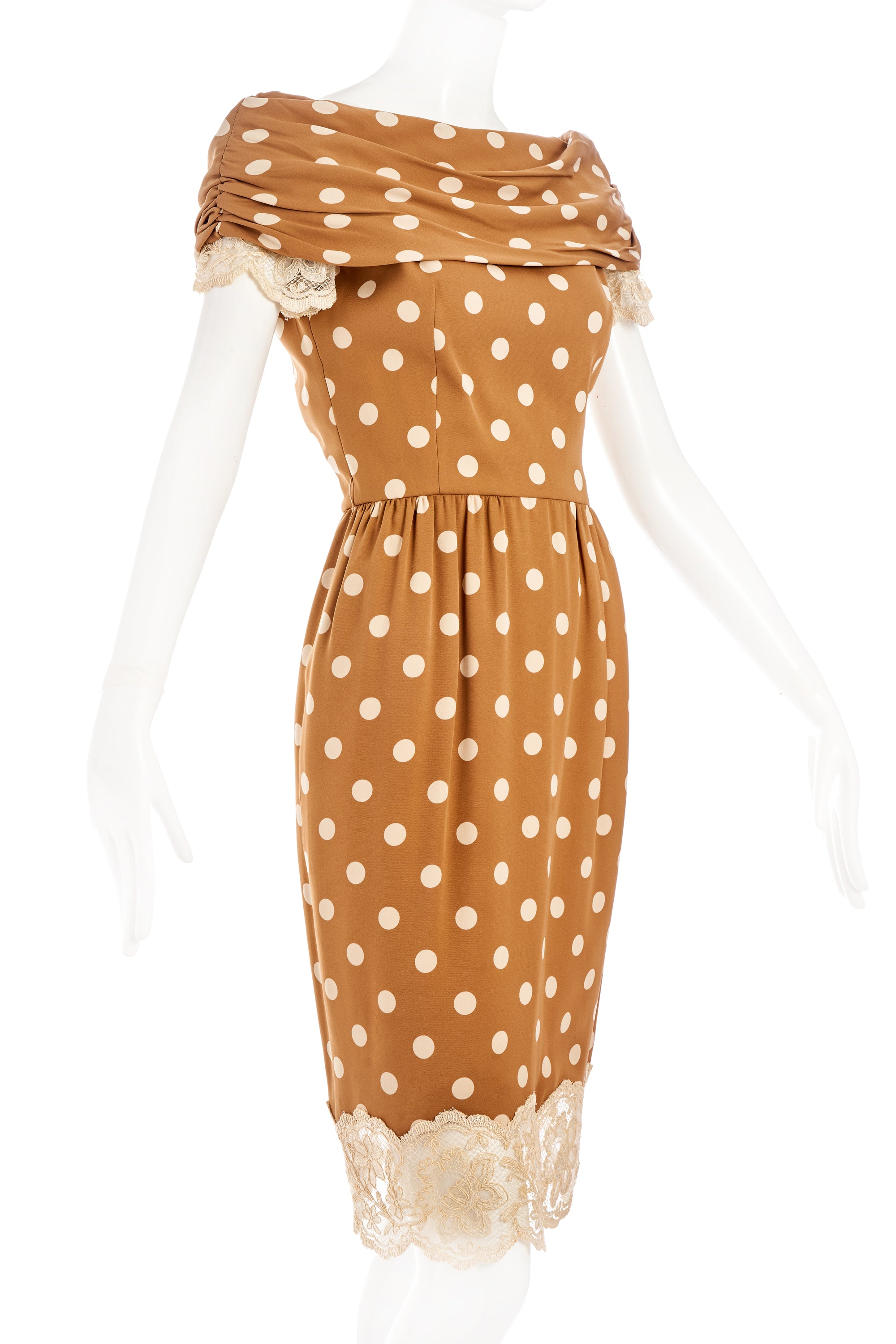 Valentino Brown and Cream Polka Dot Lace trim Dress