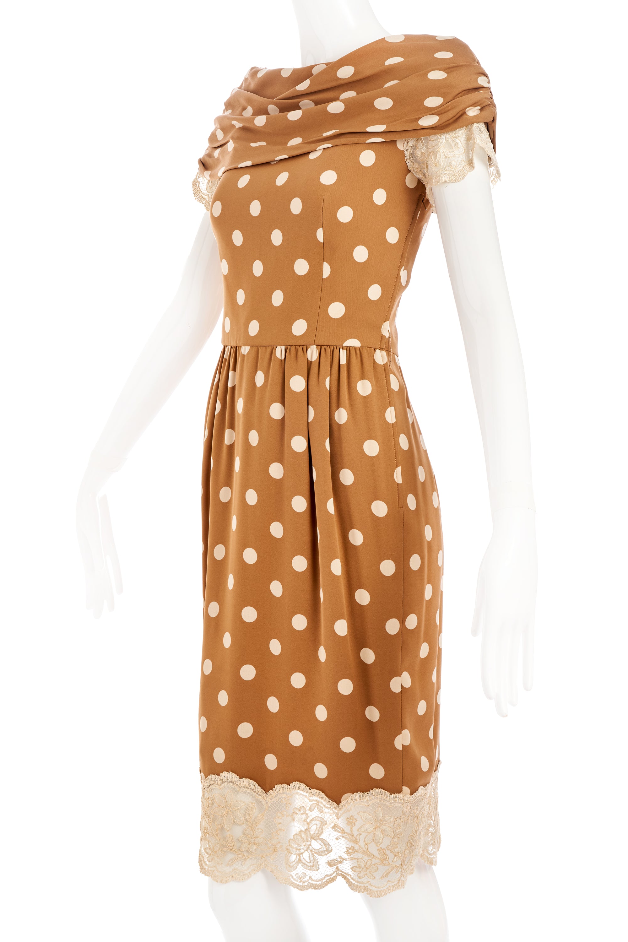 Valentino Brown and Cream Polka Dot Lace trim Dress