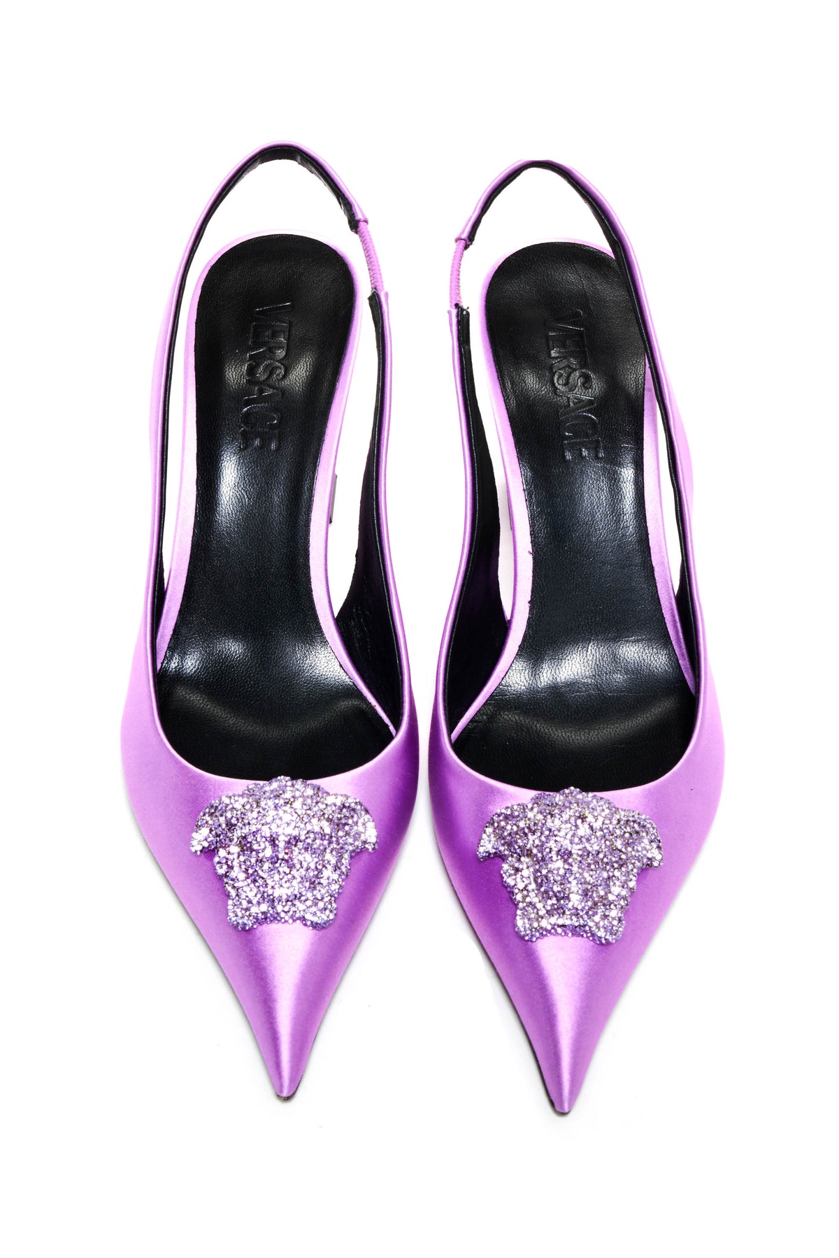 Versace Lavender Medusa Crystal medallion Satin Shoes Size 38