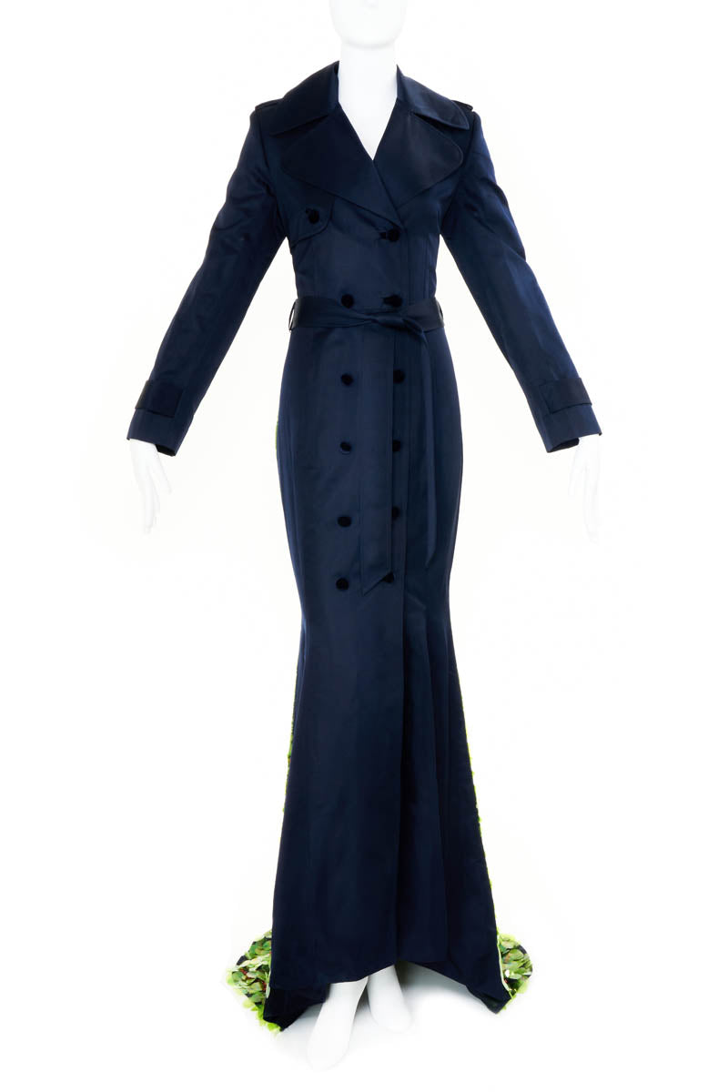 Zang Toi Navy Blue Silk Satin Bird Sequins Gown With Train Size 6