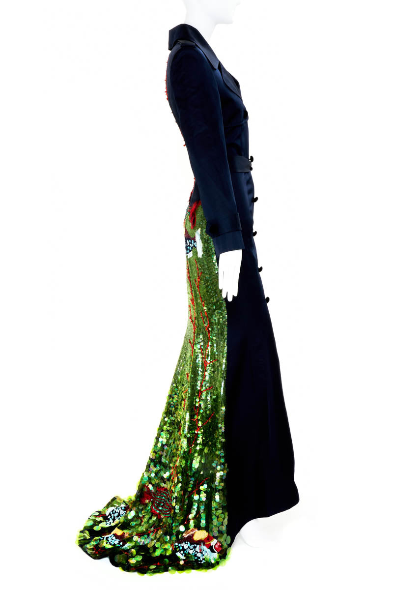 Zang Toi Navy Blue Silk Satin Bird Sequins Gown With Train Size 6