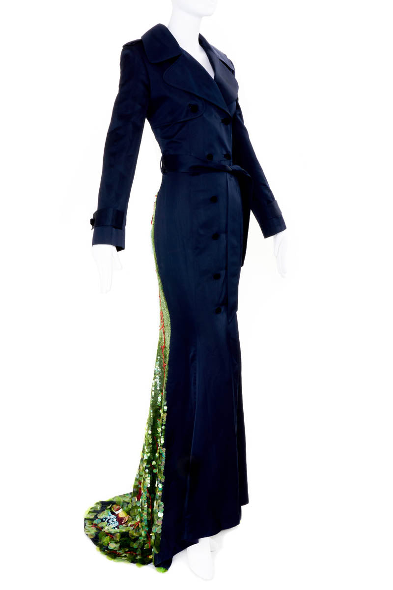 Zang Toi Navy Blue Silk Satin Bird Sequins Gown With Train Size 6
