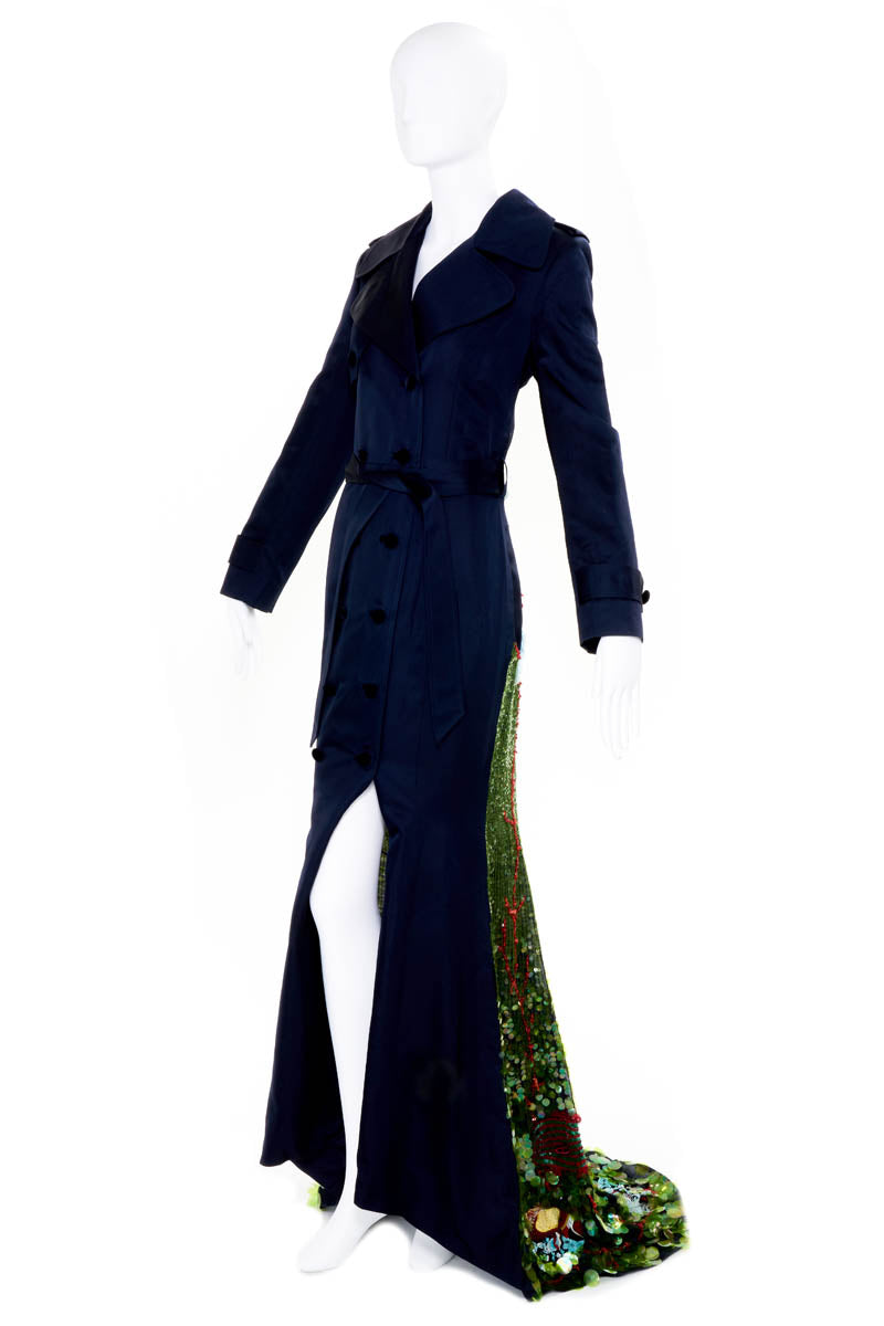 Zang Toi Navy Blue Silk Satin Bird Sequins Gown With Train Size 6