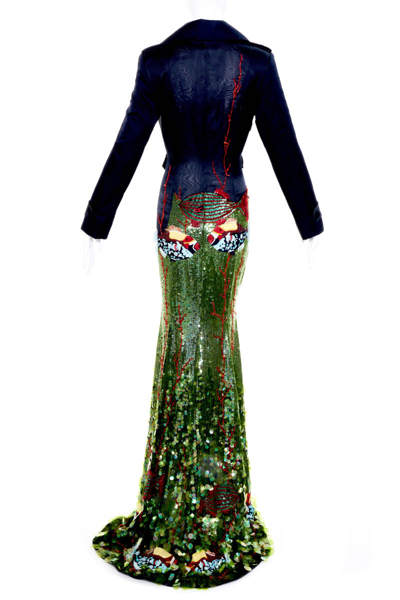 Zang Toi Navy Blue Silk Satin Bird Sequins Gown With Train Size 6