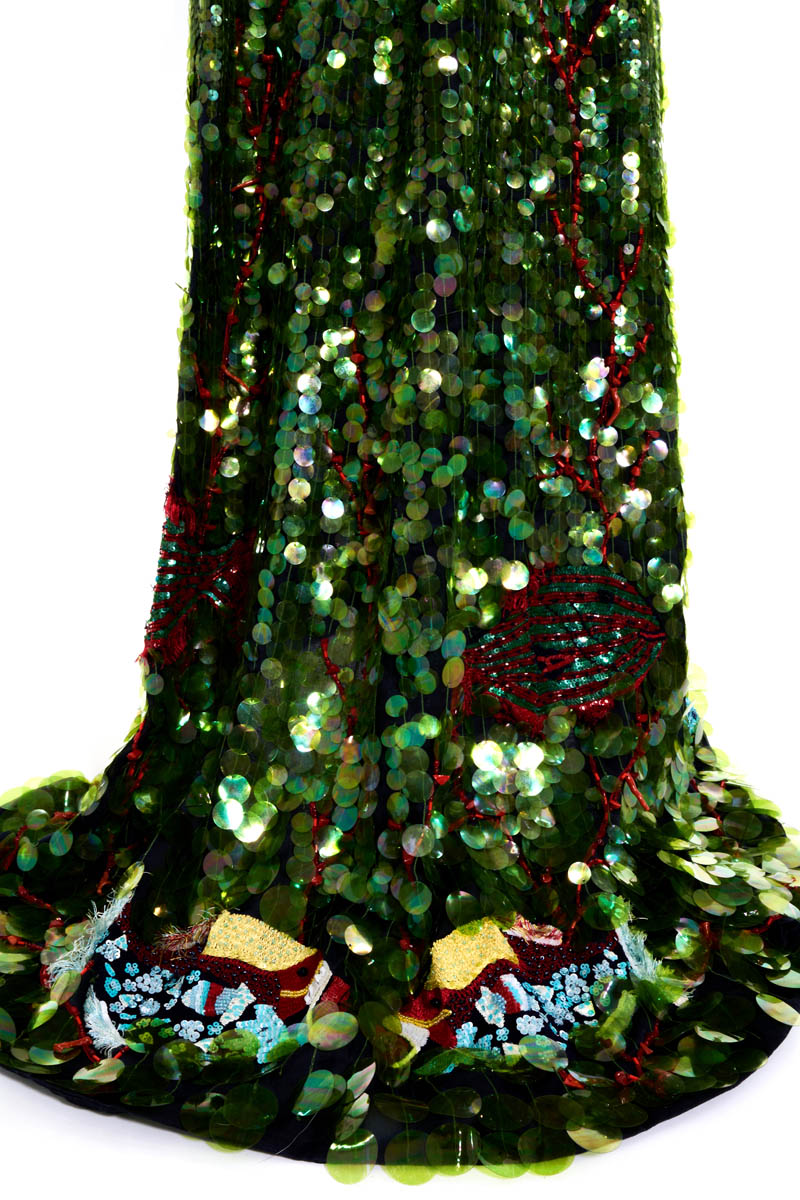Zang Toi Navy Blue Silk Satin Bird Sequins Gown With Train Size 6