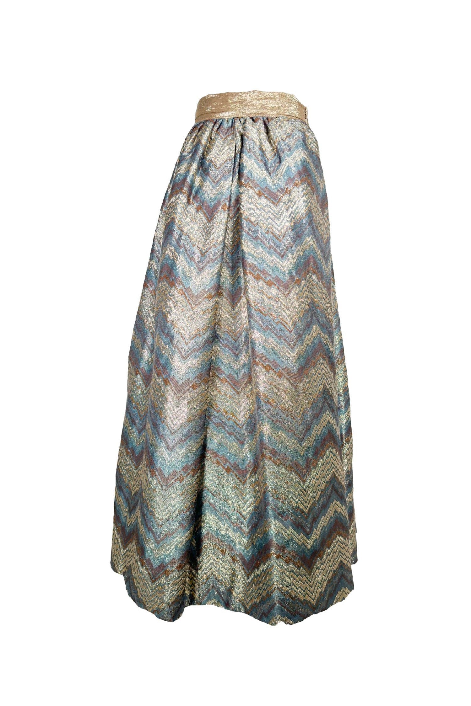 Adolfo Metallic Brocade Chevron Print Ball Skirt Saks Fifth Avenue 1970's - Foxy Couture Carmel