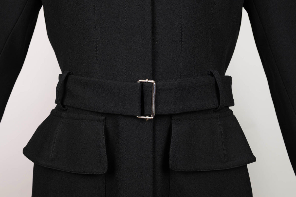 Alexander McQueen Black Pleated Trench Coat with Belt Size 46