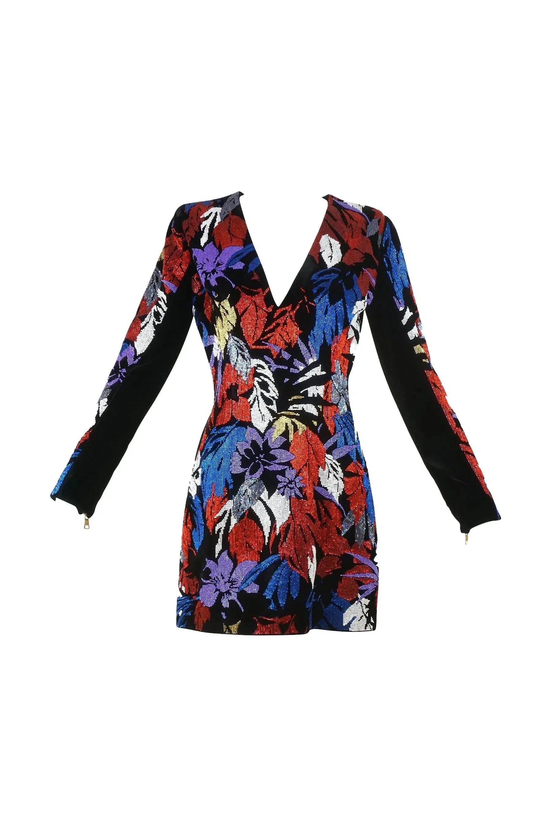Balmain Velvet Beaded Long Sleeve Mini Dress - Foxy Couture Carmel