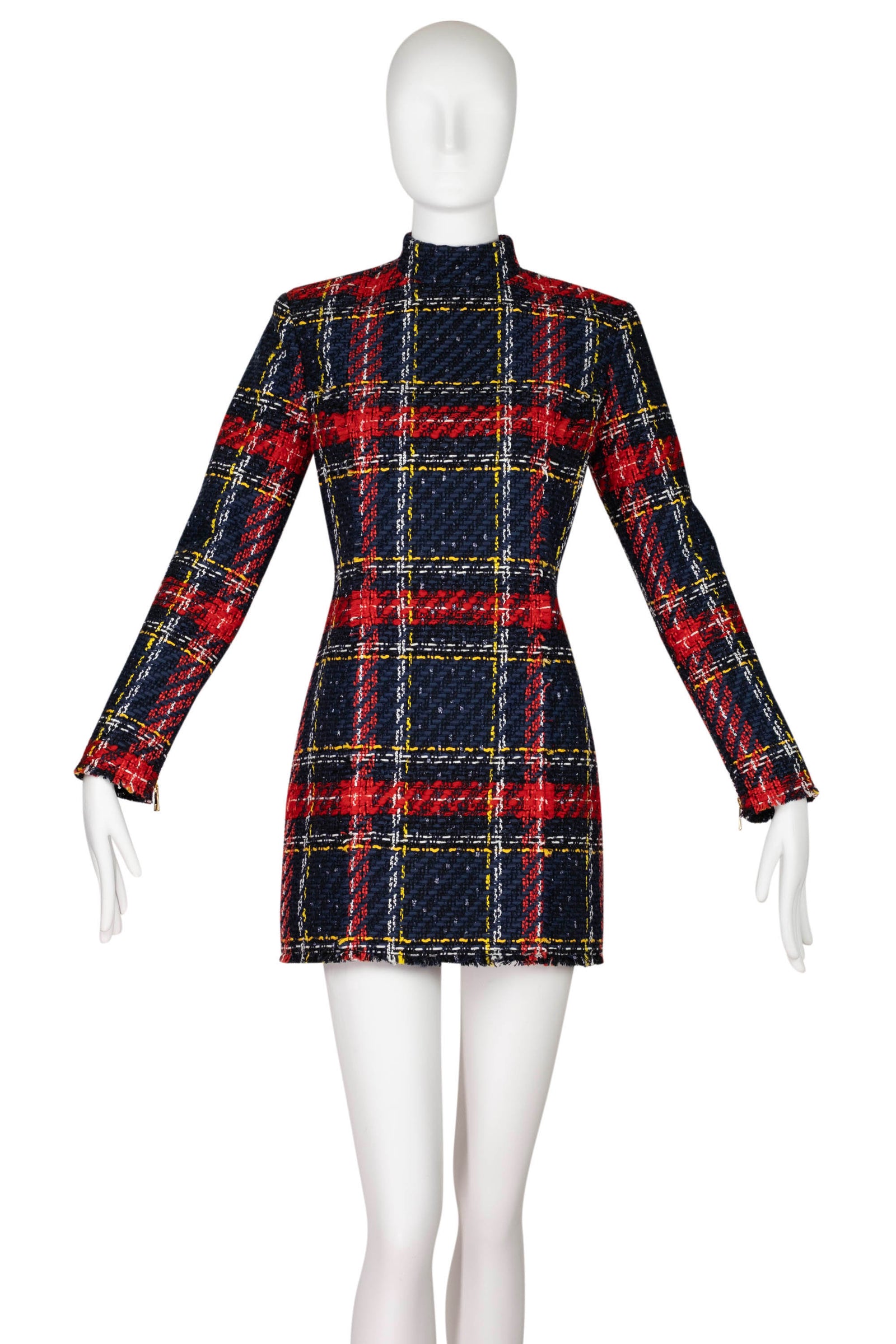 Balmain Red and Blue Plaid Tweed Mini Long Sleeve Dress Size 40