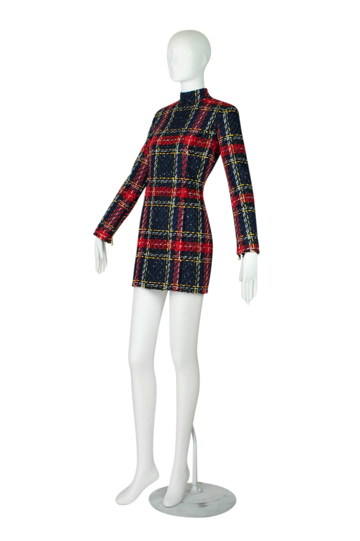 Balmain Red and Blue Plaid Tweed Mini Long Sleeve Dress Size 40