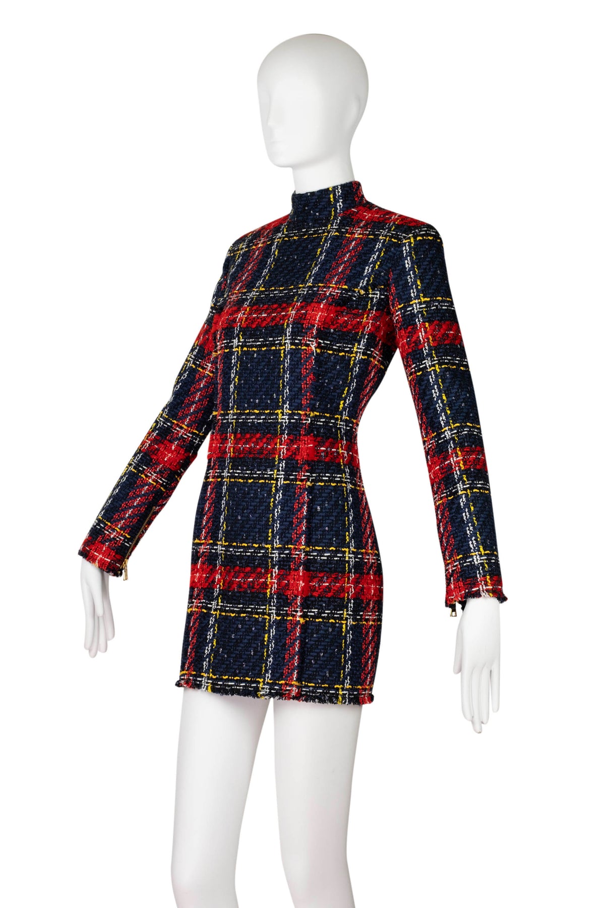 Balmain Red and Blue Plaid Tweed Mini Long Sleeve Dress Size 40