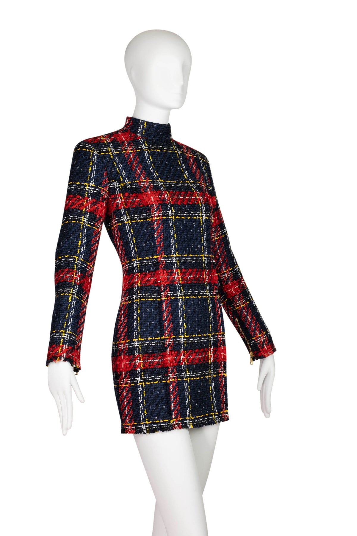 Balmain Red and Blue Plaid Tweed Mini Long Sleeve Dress Size 40