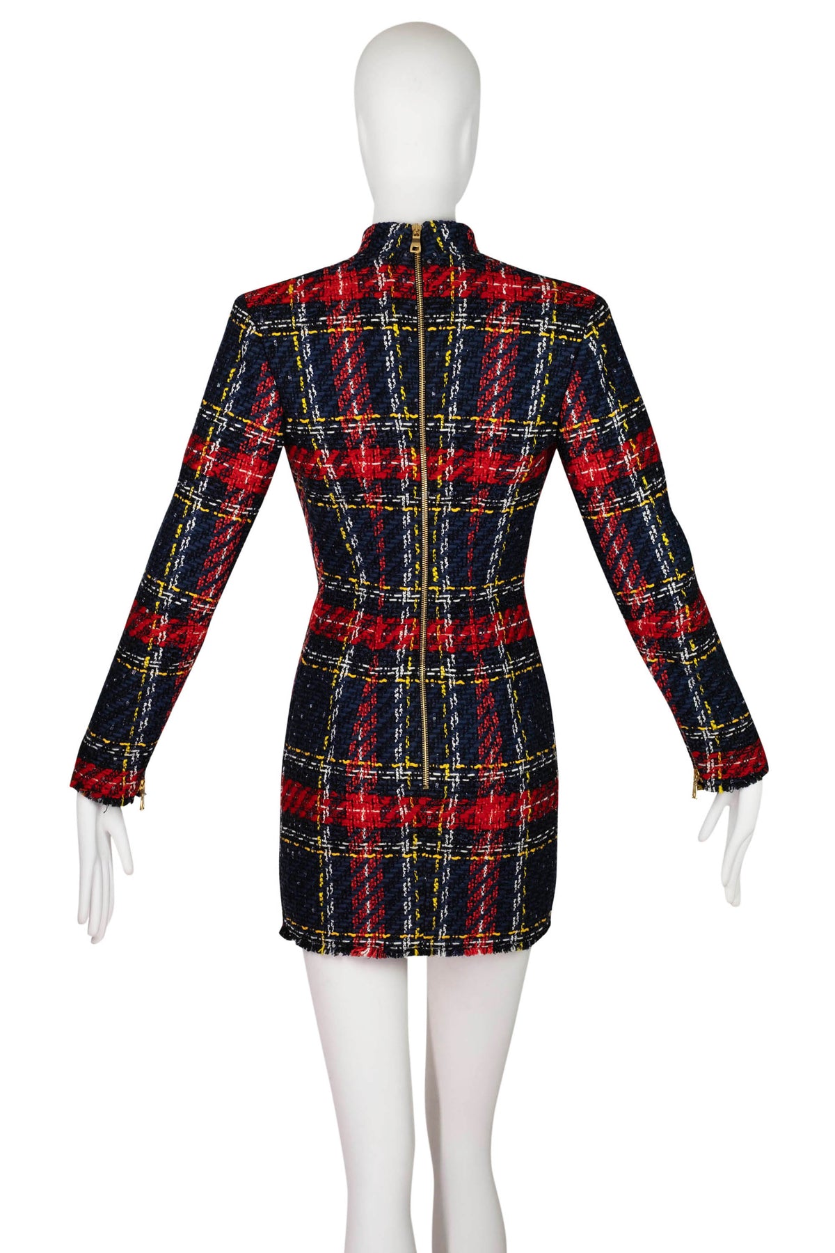 Balmain Red and Blue Plaid Tweed Mini Long Sleeve Dress Size 40