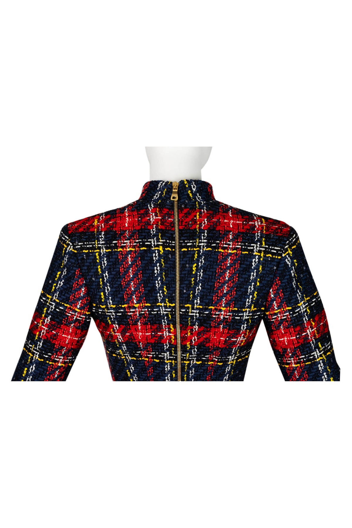 Balmain Red and Blue Plaid Tweed Mini Long Sleeve Dress Size 40